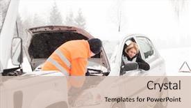  Presentation with mechanic tools - Presentation theme with problematic - man repairing woman's car snow background and a soft green colored foreground