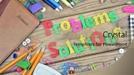  Presentation with solutions - Audience pleasing PPT layouts consisting of problems solutions words and office tools on wooden table backdrop and a coral colored foreground