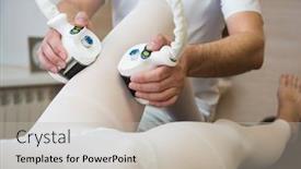  Presentation with laser - Audience pleasing presentation consisting of procedure laser lipolysis of the woman hips in a beauty center backdrop and a light gray colored foreground