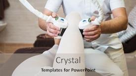  Presentation with laser - Presentation theme with procedure laser lipolysis of the woman hips in a beauty center background and a mint green colored foreground