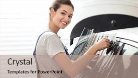  Presentation with worker - Cool new theme with process adherence - female worker applying tinting foil backdrop and a  colored foreground