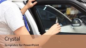  Presentation with car parts robots - Theme having process adherence - female worker tinting car window background and a coral colored foreground