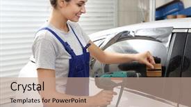  Presentation with worker - Colorful PPT theme enhanced with process adherence - female worker tinting car window backdrop and a  colored foreground
