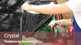  Presentation with worker - Colorful slides enhanced with process adherence - worker applying tinting foil onto backdrop and a tawny brown colored foreground