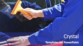  Presentation with worker - Cool new PPT theme with process adherence - worker applying tinting foil onto backdrop and a  colored foreground