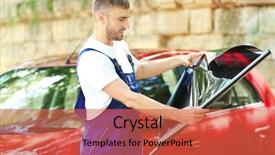  Presentation with worker - Audience pleasing slides consisting of process adherence - worker applying tinting foil onto backdrop and a  colored foreground