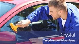  Presentation with landscape maintenance worker safety - Presentation theme having process adherence - worker applying tinting foil onto background and a  colored foreground