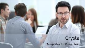  Presentation with successful - Colorful PPT theme enhanced with employee evaluation - close up successful businessman backdrop and a light blue colored foreground