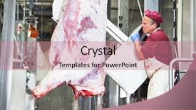  Presentation with manufacturing process - PPT layouts with process food whole food - meat manufacturing factory butcher cutting background and a coral colored foreground