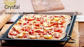  Presentation with secondary raw materials - Presentation design having process food whole food - raw margherita pizza and ingredients background and a  colored foreground