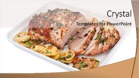  Presentation with garlic - Theme with process food whole food - roasted pork loin with garlic background and a lemonade colored foreground