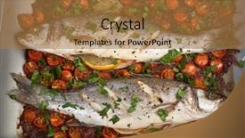  Presentation with food fish - Audience pleasing slide set consisting of process food whole food - seabass fish baked with vegetables backdrop and a coral colored foreground