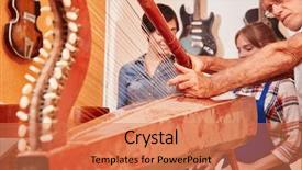  Presentation with instrument - PPT theme enhanced with string instrument's workshop background and a coral colored foreground
