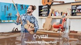  Presentation with music man in suit guitar - Colorful slide set enhanced with manual process - man as guitar maker holding backdrop and a  colored foreground