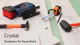  Presentation with equipment - Beautiful slide deck featuring process jigsaw - laminate installing equipment on planks backdrop and a lemonade colored foreground