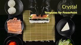  Presentation with caviar - Amazing PPT theme having process-of-making-california-roll backdrop and a wine colored foreground