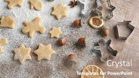  Presentation with process - Colorful PPT theme enhanced with process of making christmas cookies on wooden background backdrop and a coral colored foreground