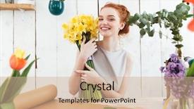  Presentation with yellow narcissus or daffodil flowers - Theme having process owner - happy young woman florist holding background and a  colored foreground