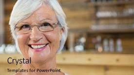  Presentation with cafe - Audience pleasing PPT layouts consisting of process owner - portrait of smiling senior woman backdrop and a coral colored foreground