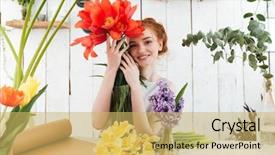  Presentation with lady - Amazing PPT theme having process owner - redhead lady florist looking camera backdrop and a yellow colored foreground