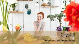  Presentation with spectrum laser beams light - PPT layouts with process owner - smiling redhead young woman background and a yellow colored foreground