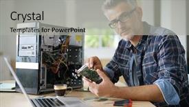  Presentation with computer hardware - Colorful slide deck enhanced with process owner - technician repairing computer hardware backdrop and a light gray colored foreground