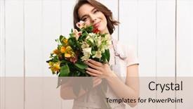  Presentation with cheerful - Audience pleasing PPT theme consisting of process owner - young cheerful florist woman standing backdrop and a soft green colored foreground