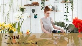  Presentation with director in the making - Beautiful slides featuring process owner - young concentrated woman florist making backdrop and a  colored foreground