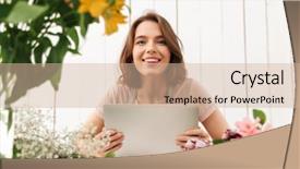  Presentation with computer workshop - Presentation theme consisting of process owner - young cute cheerful florist lady background and a soft green colored foreground