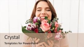  Presentation with cute flower heart - Colorful slides enhanced with process owner - young cute happy florist woman backdrop and a coral colored foreground