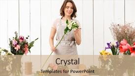  Presentation with catering banquet table different - Slide set with process owner - young pretty smiling florist woman background and a  colored foreground