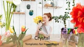  Presentation with mustard seeds yellow flowers - Presentation theme enhanced with process owner - young redhead woman florist holding background and a  colored foreground