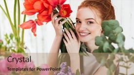  Presentation with tulips - Slides having process owner - young redhead woman florist looking background and a  colored foreground