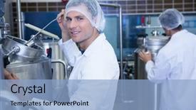  Presentation with scientist - Colorful PPT theme enhanced with process plants - portrait of a smiling scientist backdrop and a light blue colored foreground