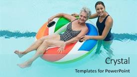  Presentation with swimming pool - Beautiful PPT theme featuring process rings - portrait of female coach backdrop and a  colored foreground