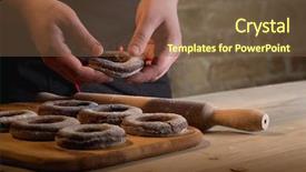  Presentation with donuts chocolate - Slides with process steps - cooking donuts by chef hands background and a tawny brown colored foreground