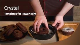  Presentation with donuts chocolate - Presentation theme enhanced with process steps - cooking donuts by chef hands background and a tawny brown colored foreground