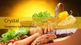  Presentation with close up shot - Presentation theme consisting of processing preserves - variety of sausage products close-up background and a gold colored foreground