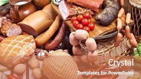  Presentation with shot - Presentation theme consisting of processing preserves - variety of sausage products close-up background and a coral colored foreground