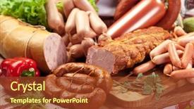  Presentation with close up shot - PPT theme featuring processing preserves - variety of sausage products close-up background and a tawny brown colored foreground