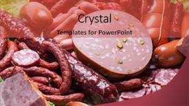  Presentation with dairy produce meat vegetables - Audience pleasing PPT theme consisting of processing preserves - variety of sausage products backdrop and a red colored foreground