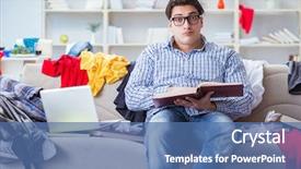  Presentation with messy - Audience pleasing theme consisting of procrastination - young man working studying backdrop and a ocean colored foreground