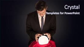 Presentation with magic ball - Presentation theme featuring prodigy - handsome businessman with magic ball background and a wine colored foreground
