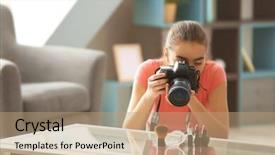  Presentation with interpret the following pictures - Audience pleasing PPT theme consisting of creative product - young woman taking closeup pictures backdrop and a coral colored foreground