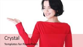  Presentation with happy smiling woman dental health - Cool new slide deck with product display - happy excited young woman presenting backdrop and a red colored foreground