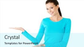  Presentation with weight loss woman showing - PPT theme consisting of product display - happy excited young woman showing background and a  colored foreground