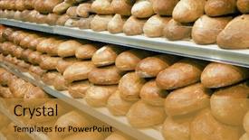  Presentation with retail store telco - Audience pleasing presentation theme consisting of product display - loaves of bread on shelves backdrop and a gold colored foreground