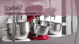  Presentation with kitchen appliance - Amazing PPT theme having product implementation - shelving with kitchen appliances backdrop and a coral colored foreground