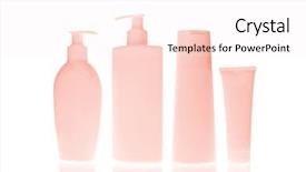  Presentation with cosmetic - Slide deck with product improvement - set of cosmetic bottles isolated background and a sky blue colored foreground