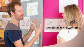  Presentation with female - Colorful PPT theme enhanced with product inovation - male and female 3d designers backdrop and a coral colored foreground